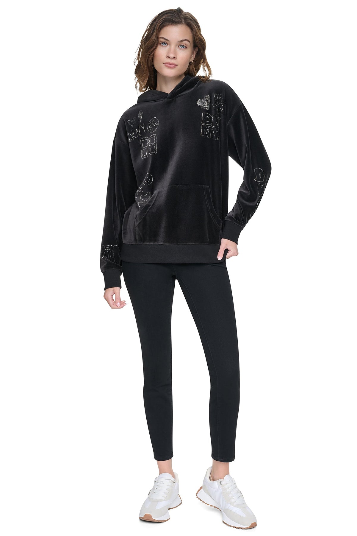 VELOUR RHINESTONE GRAFITTI LOGO HOODIE