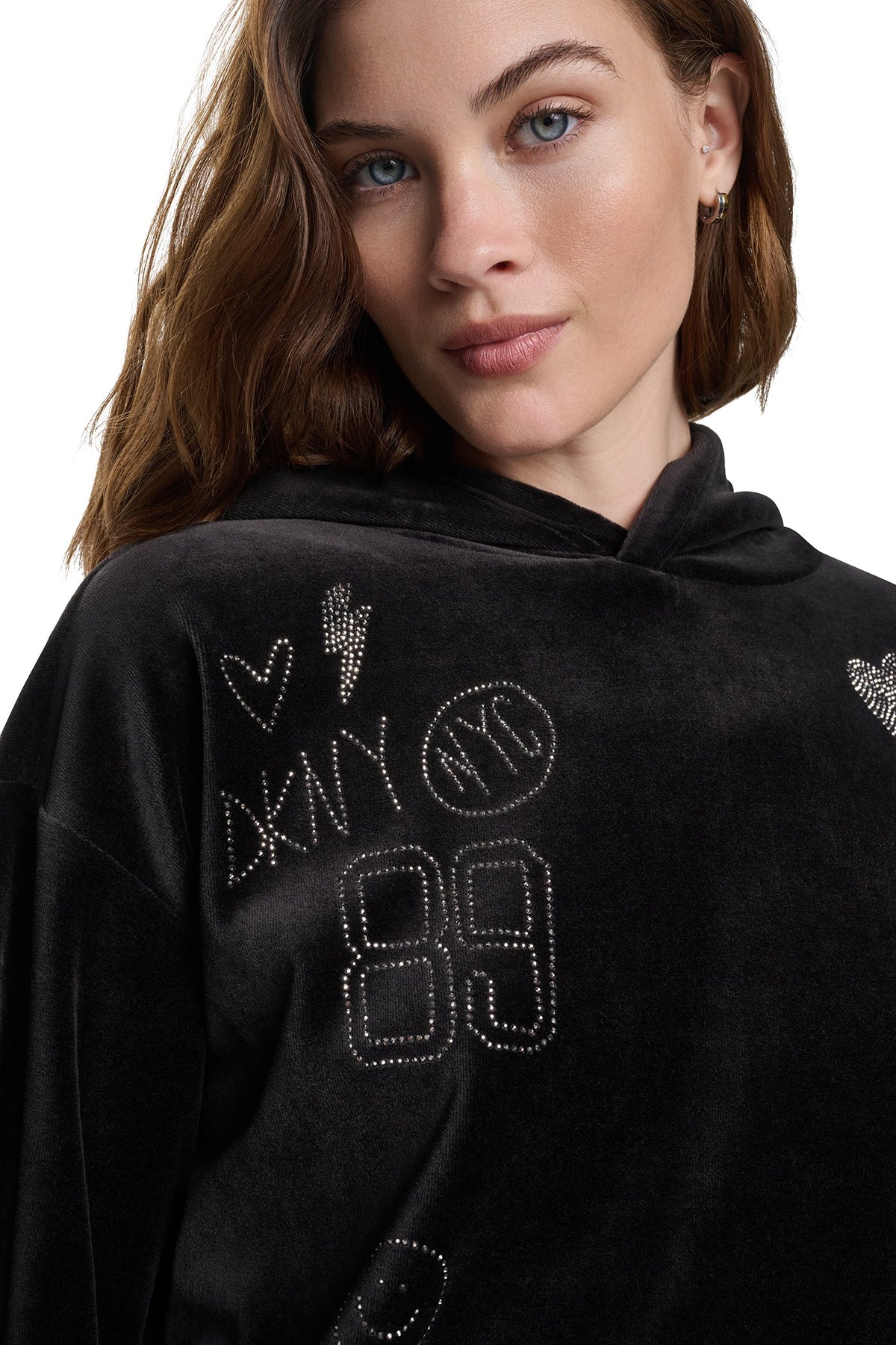 VELOUR RHINESTONE GRAFITTI LOGO HOODIE