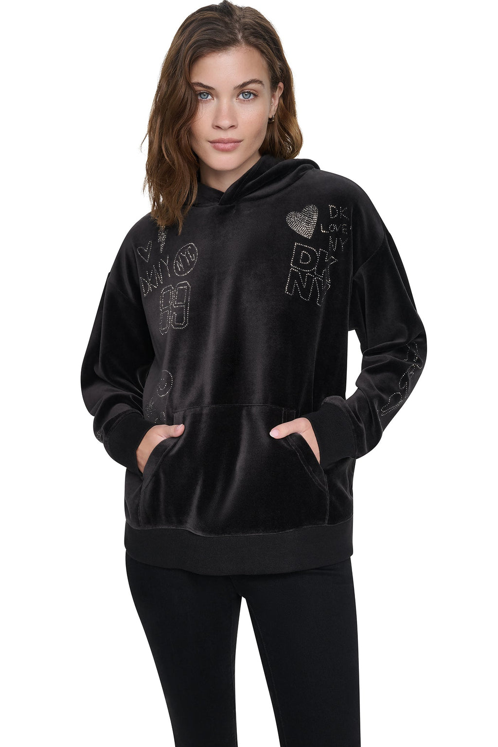 VELOUR RHINESTONE GRAFITTI LOGO HOODIE
