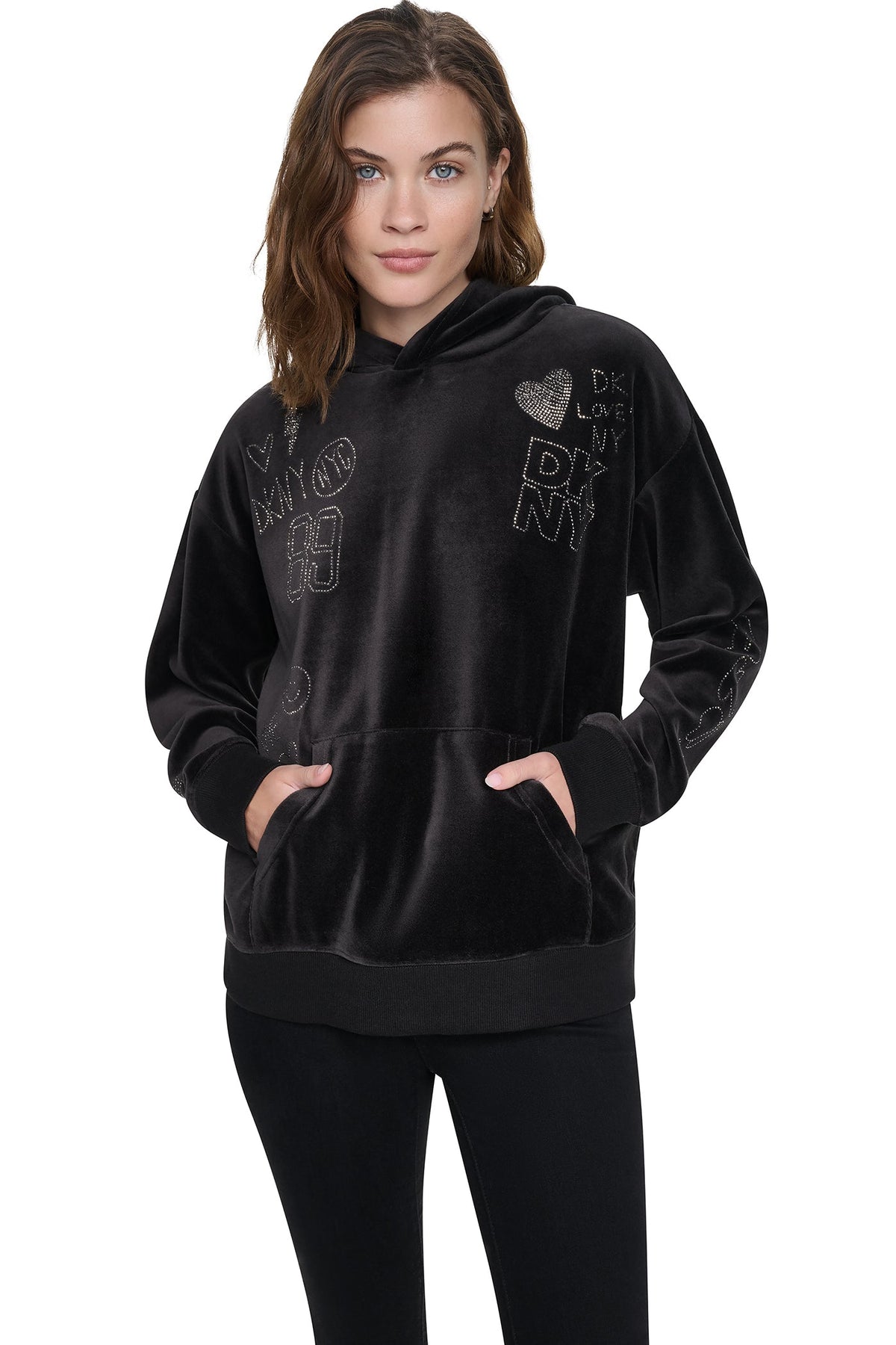 VELOUR RHINESTONE GRAFITTI LOGO HOODIE