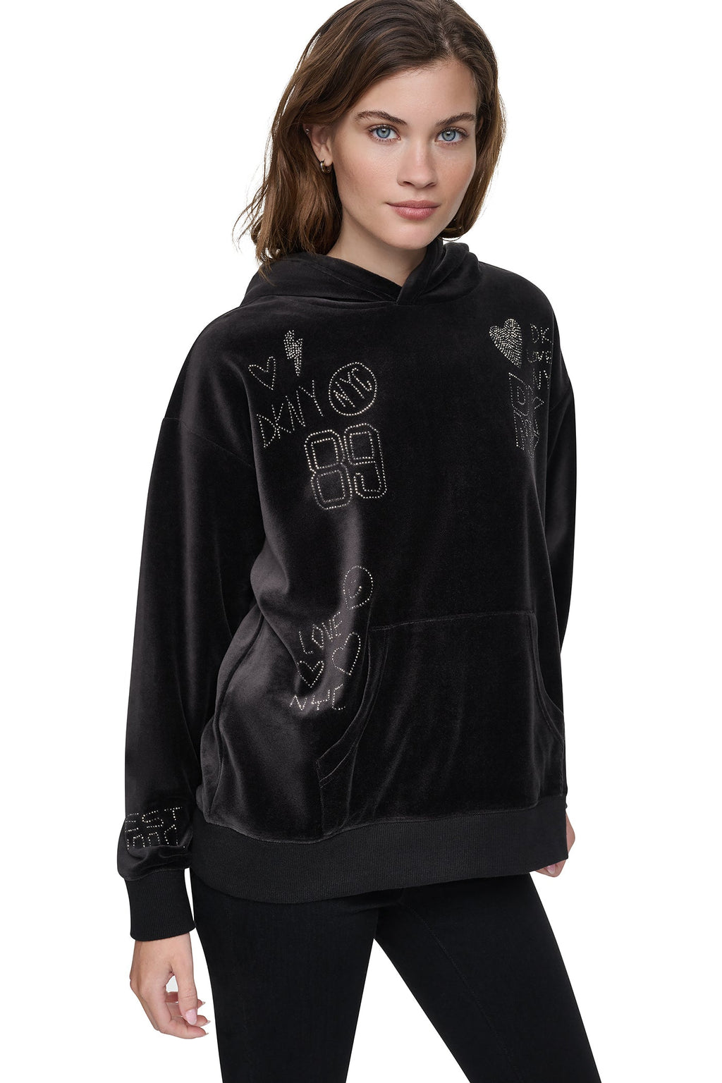 VELOUR RHINESTONE GRAFITTI LOGO HOODIE