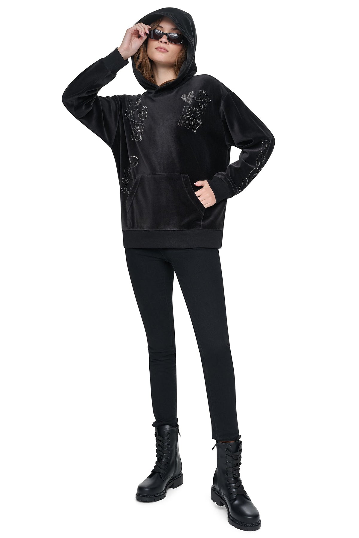 VELOUR RHINESTONE GRAFITTI LOGO HOODIE