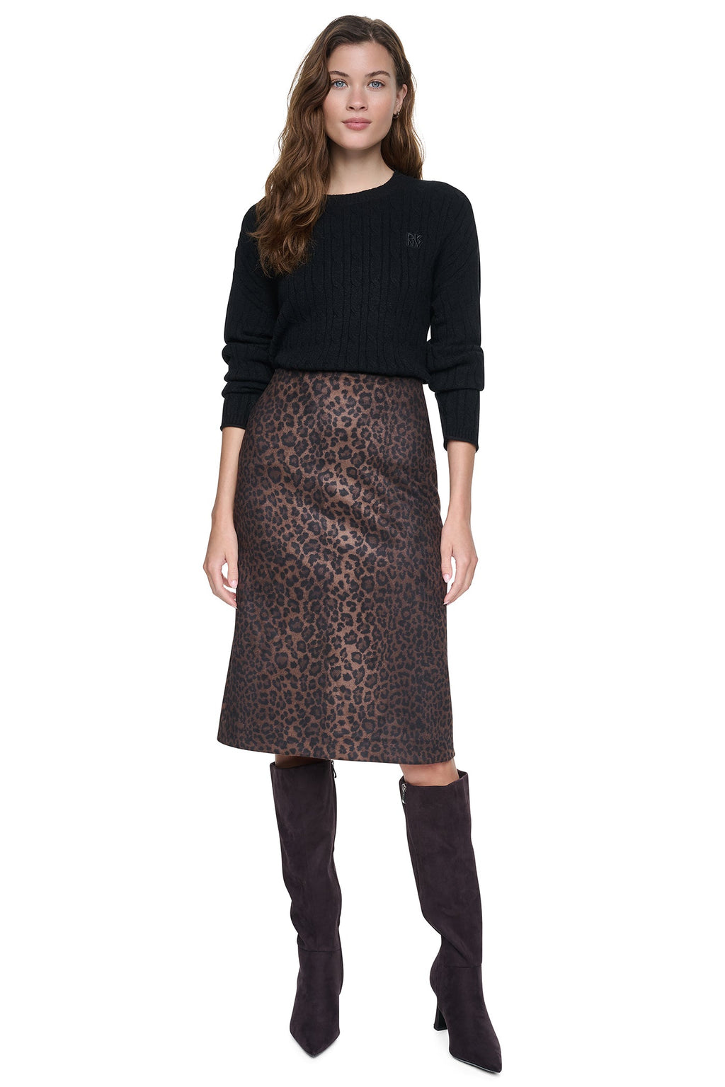 LEOPARD FAUX SUEDE MIDI SKIRT