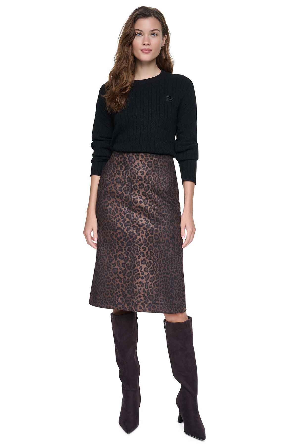LEOPARD FAUX SUEDE MIDI SKIRT