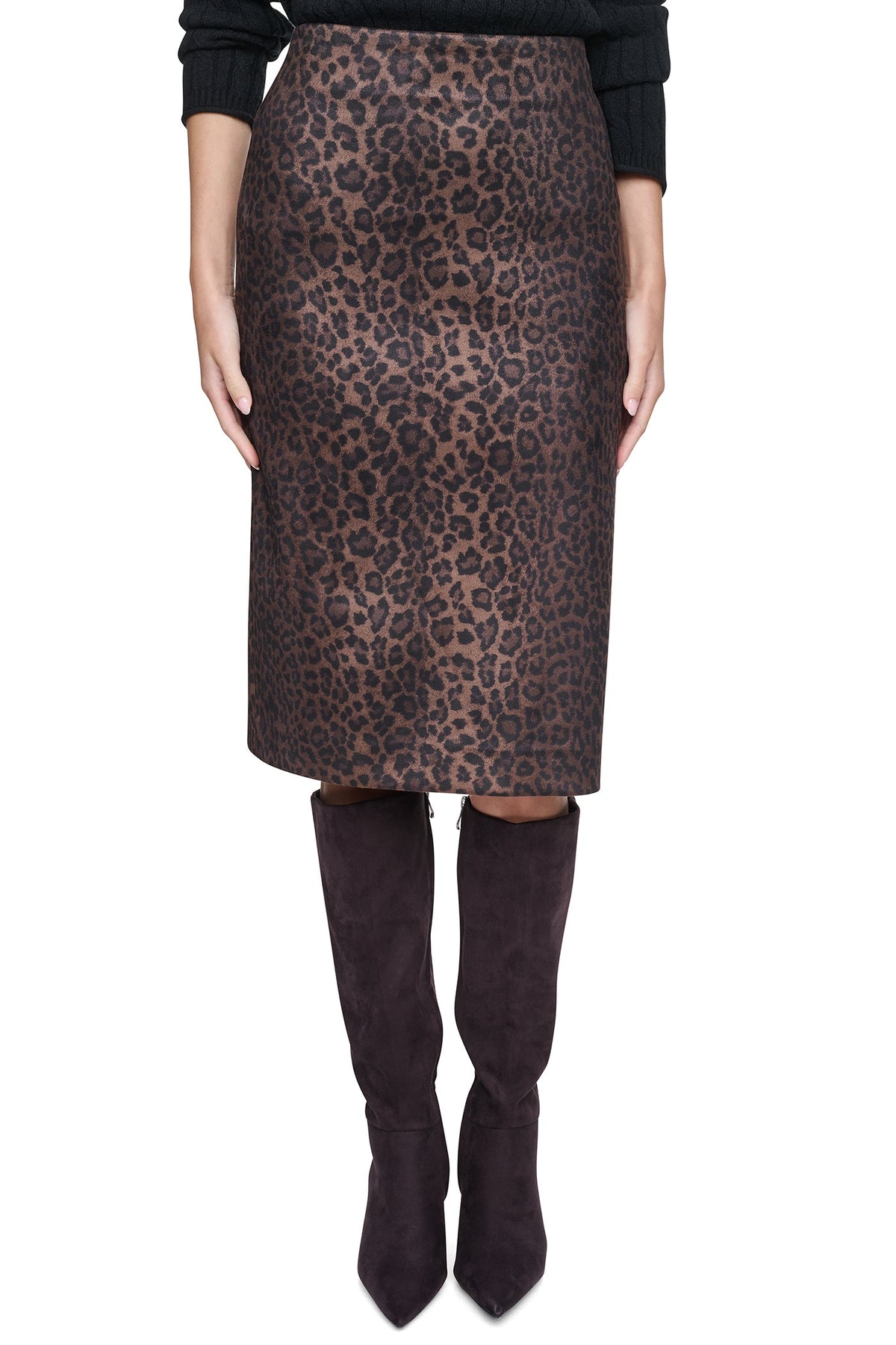 LEOPARD FAUX SUEDE MIDI SKIRT