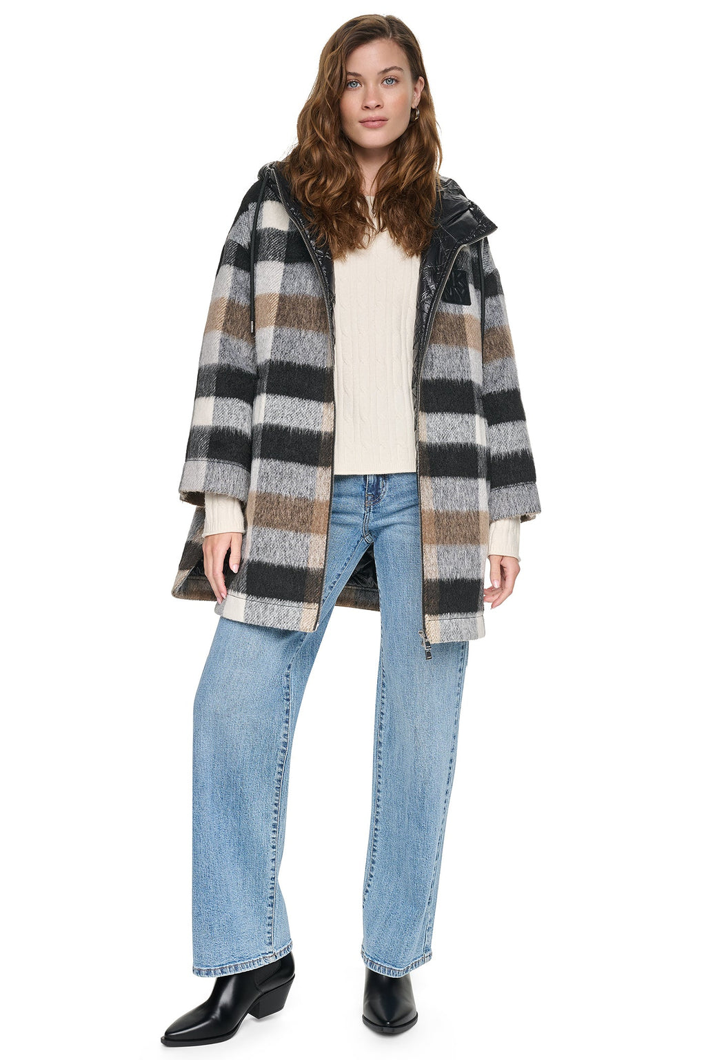 PLAID HOODED CAPE COAT