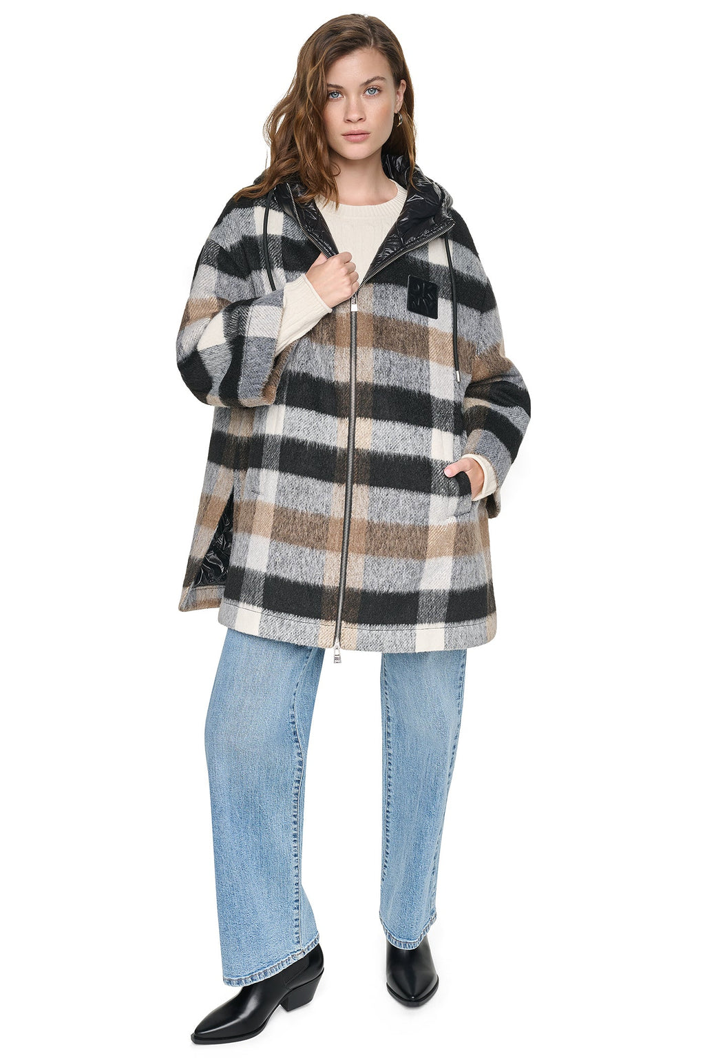 PLAID HOODED CAPE COAT