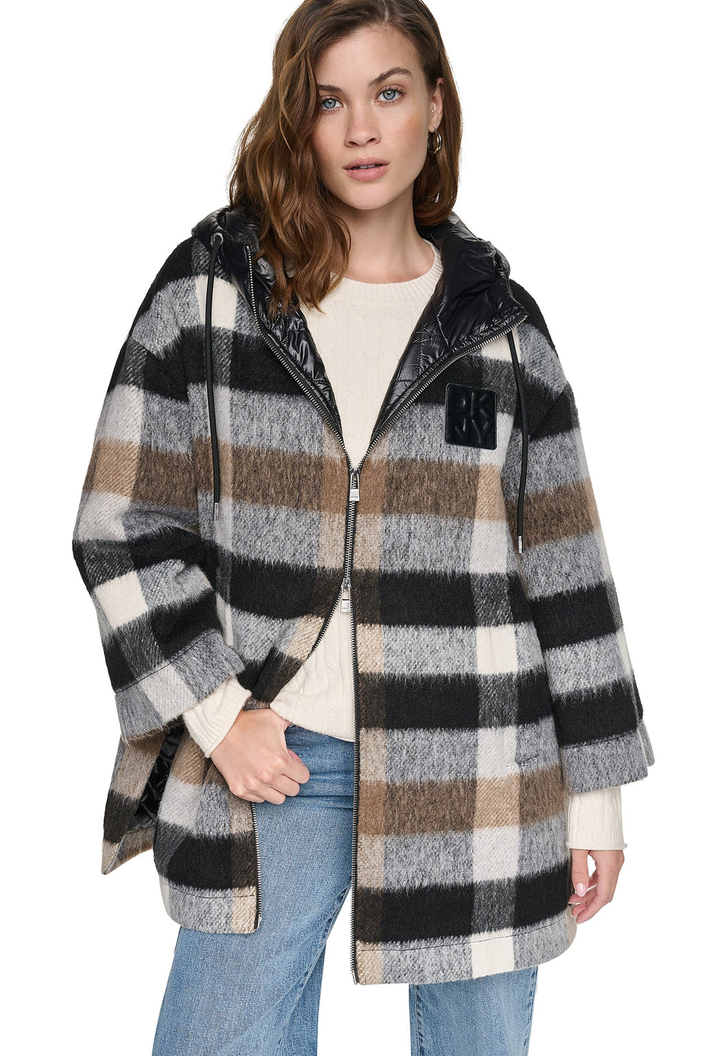 PLAID HOODED CAPE COAT