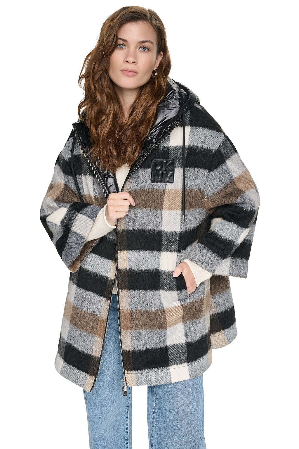 PLAID HOODED CAPE COAT