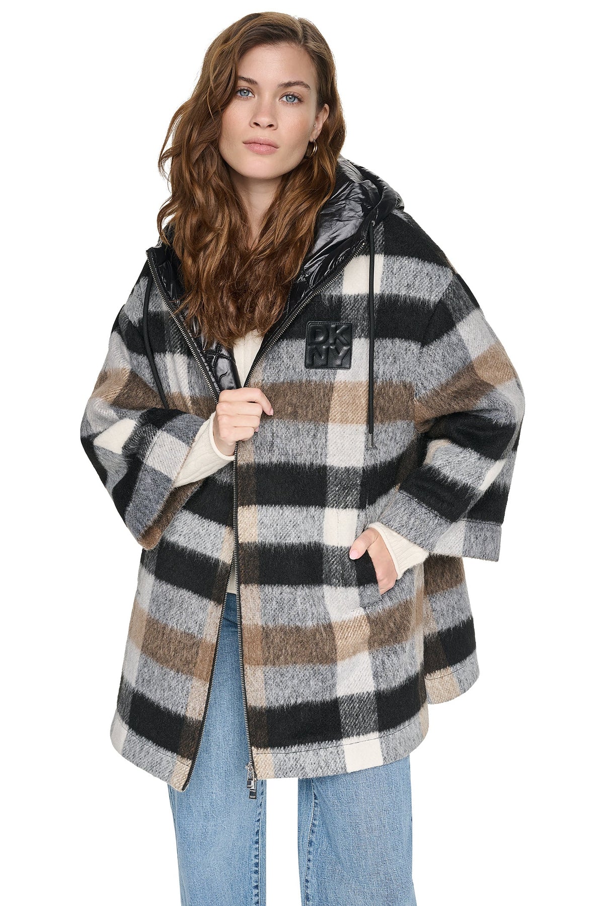 PLAID HOODED CAPE COAT