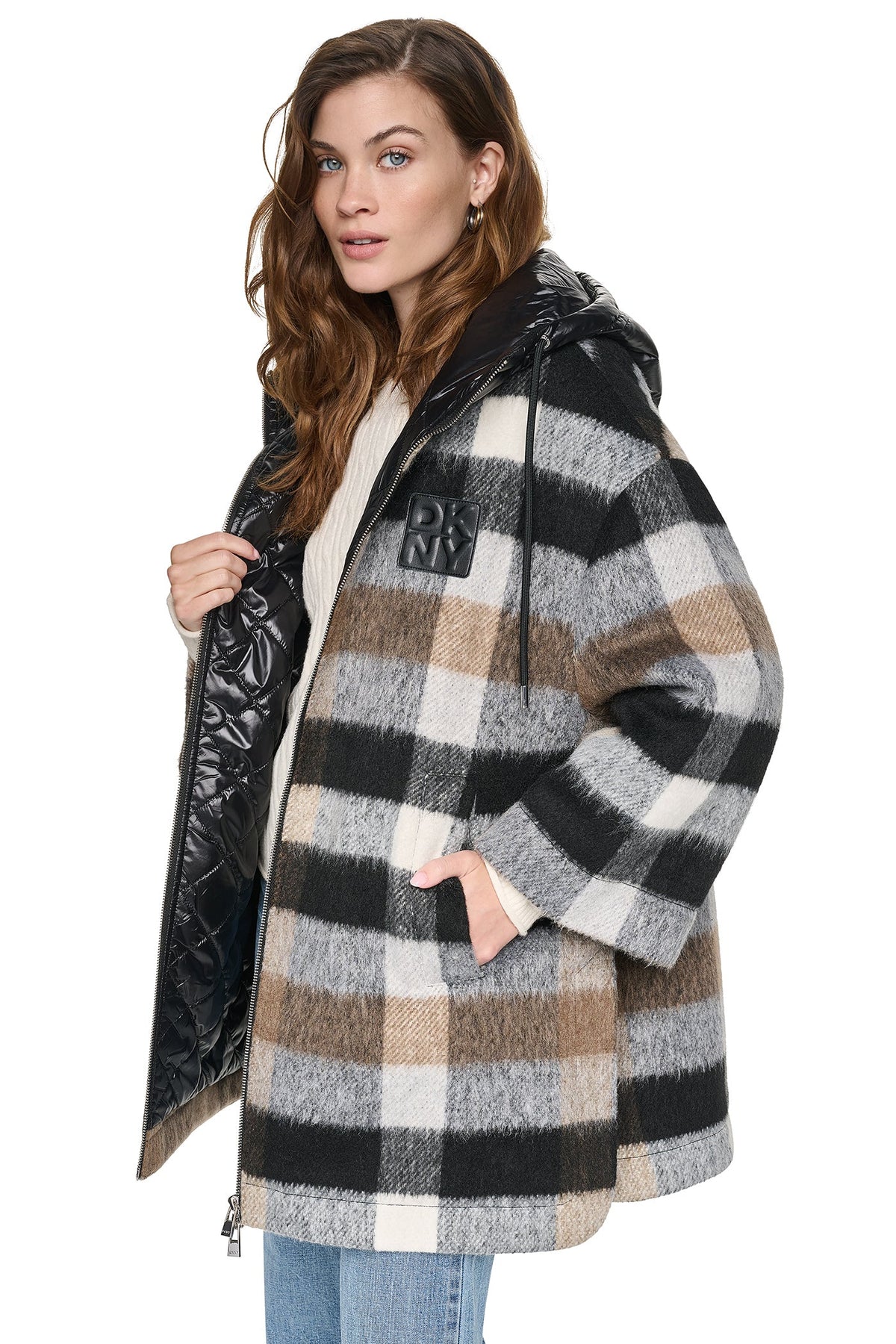 PLAID HOODED CAPE COAT
