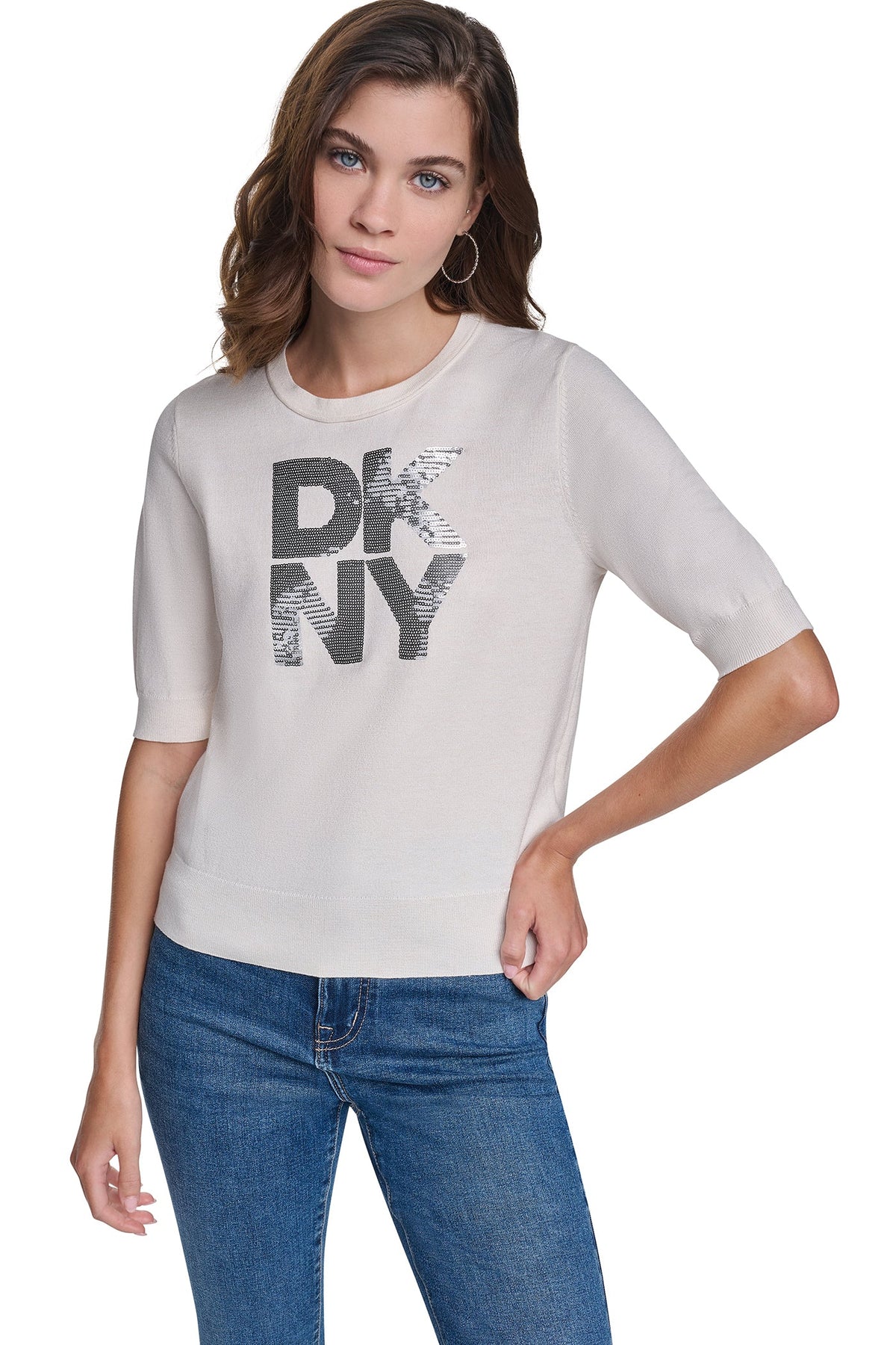 ELBOW SLEEVE SEQUIN LOGO SWEATER