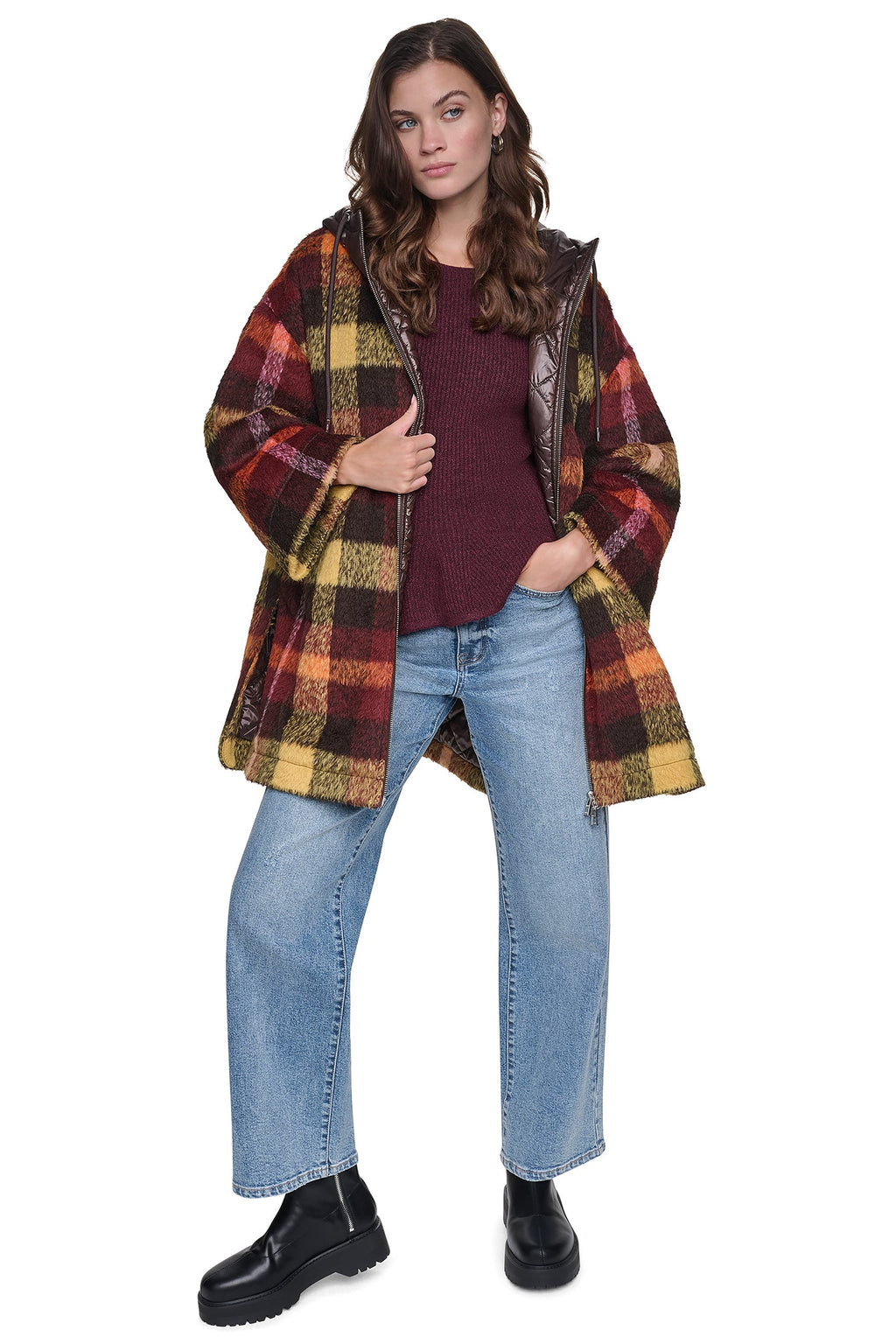 PLAID HOODED CAPE COAT