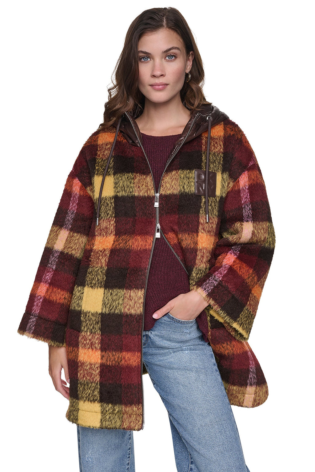 PLAID HOODED CAPE COAT