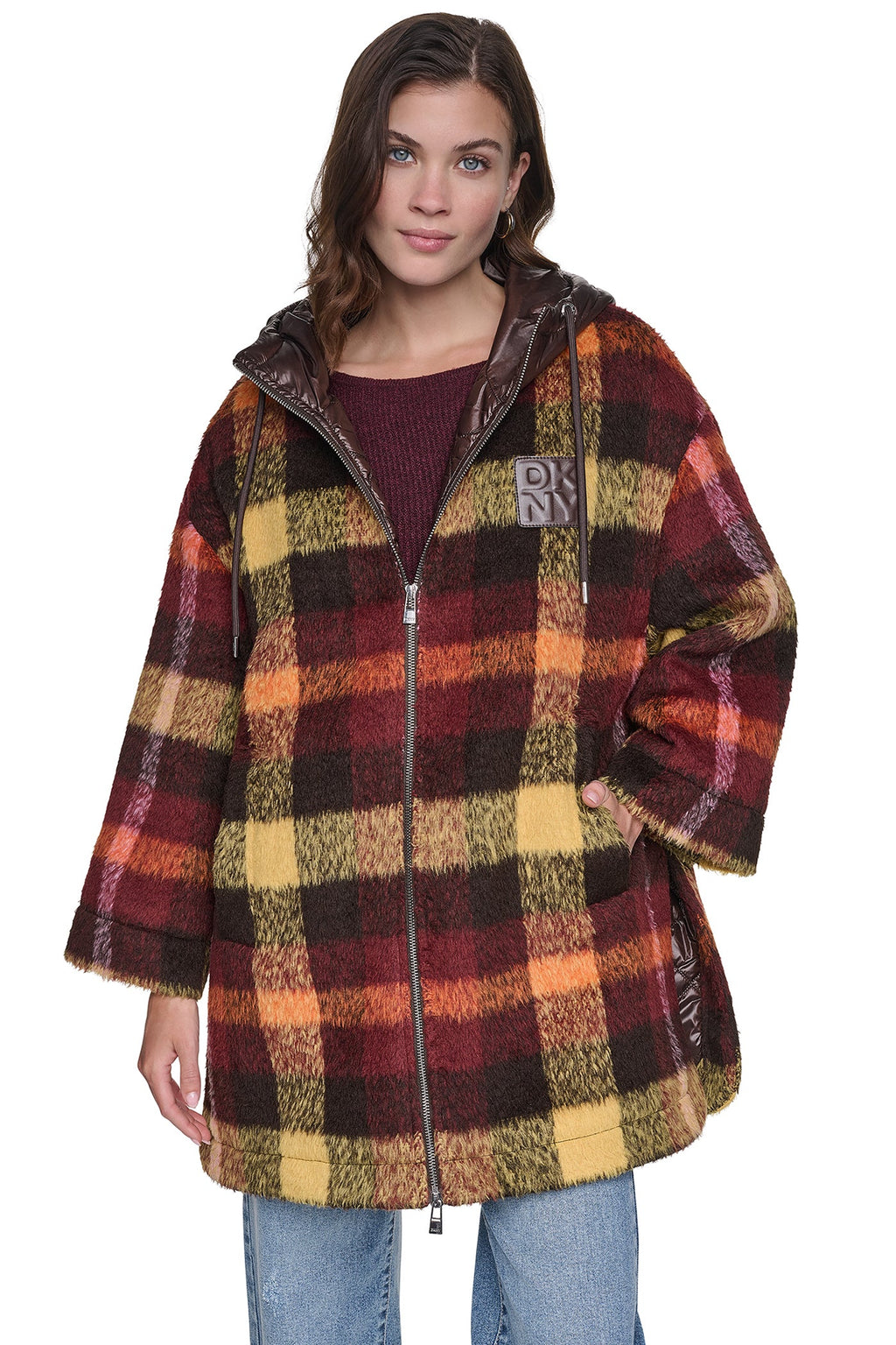 PLAID HOODED CAPE COAT