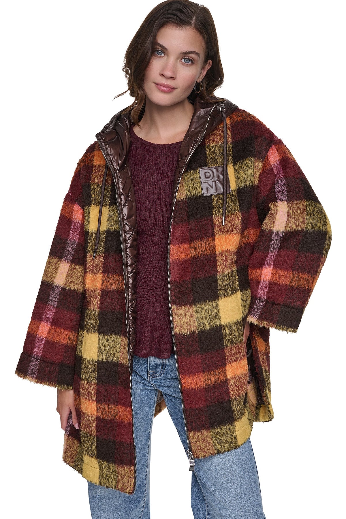 PLAID HOODED CAPE COAT