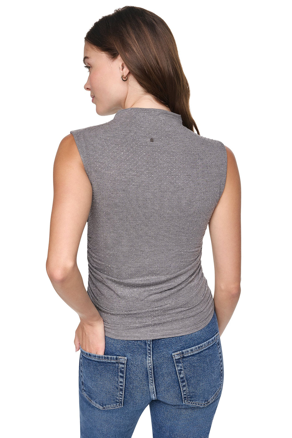 RHINESTONE RUCHED SLEEVELESS TOP