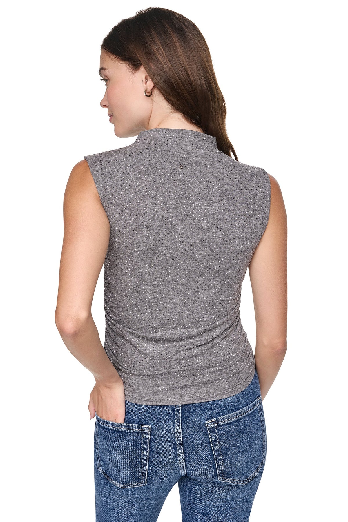 RHINESTONE RUCHED SLEEVELESS TOP