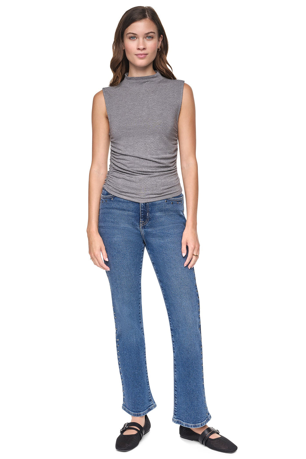 RHINESTONE RUCHED SLEEVELESS TOP