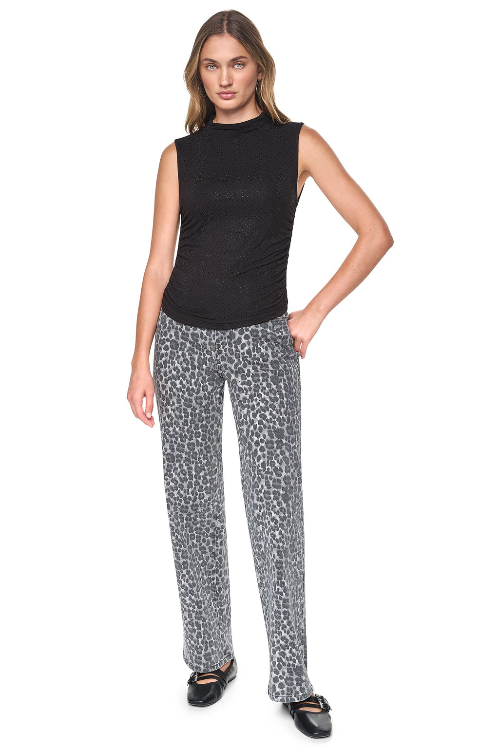 RHINESTONE RUCHED SLEEVELESS TOP