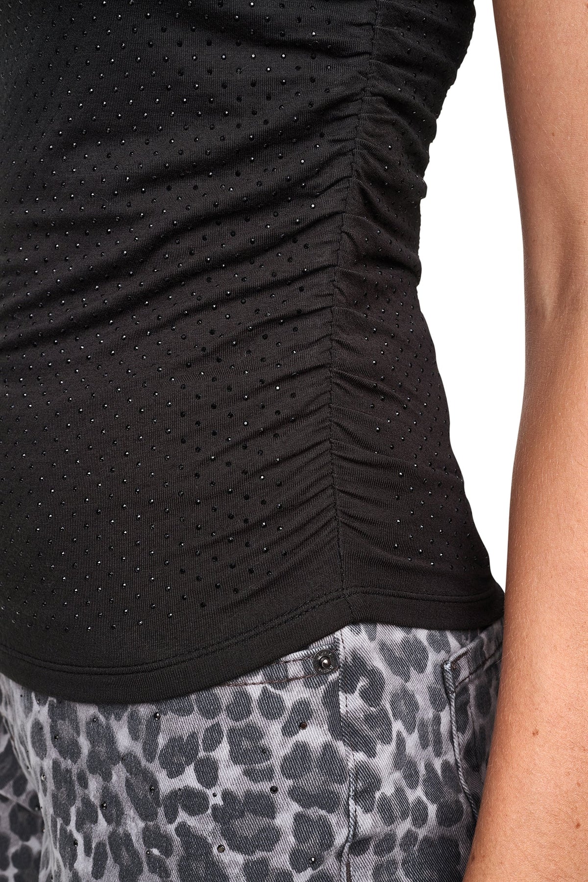 RHINESTONE RUCHED SLEEVELESS TOP