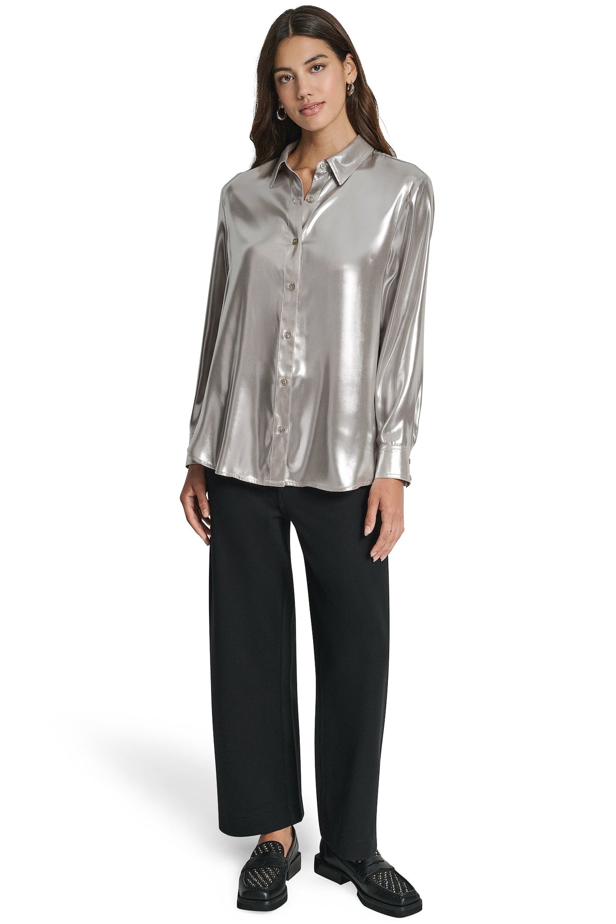 BUTTON FRONT METALLIC BLOUSE