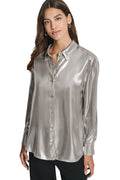 BUTTON FRONT METALLIC BLOUSE
