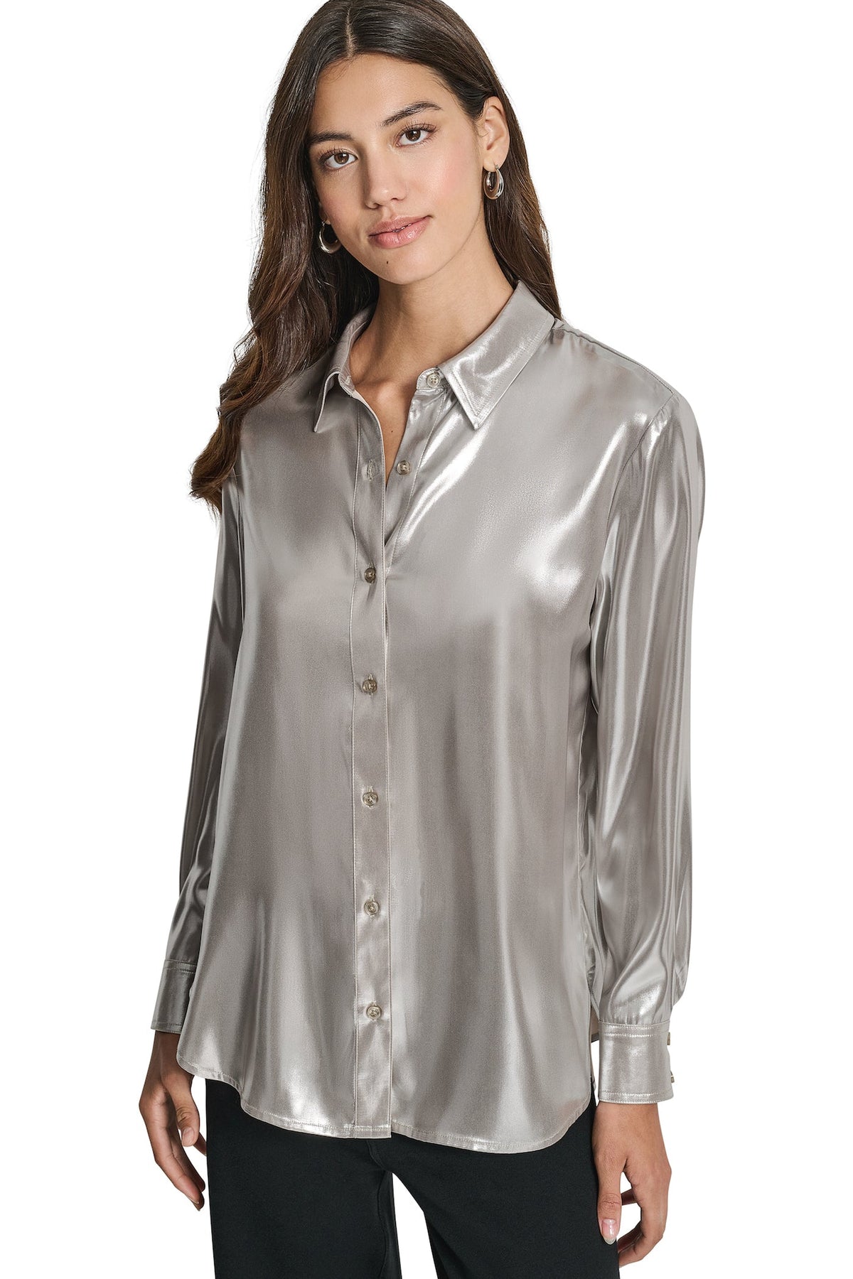 BUTTON FRONT METALLIC BLOUSE