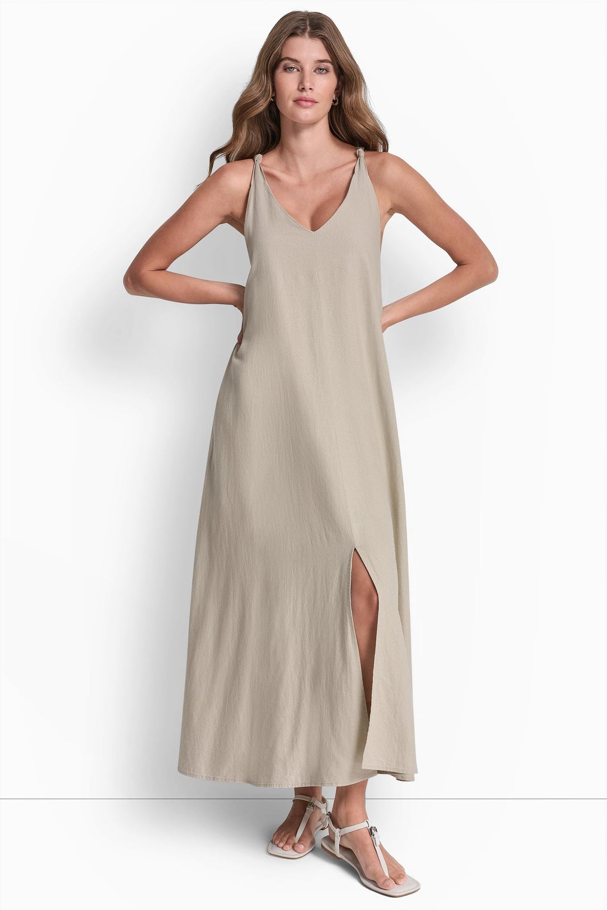 LINEN-BLEND TIE BACK MAXI DRESS