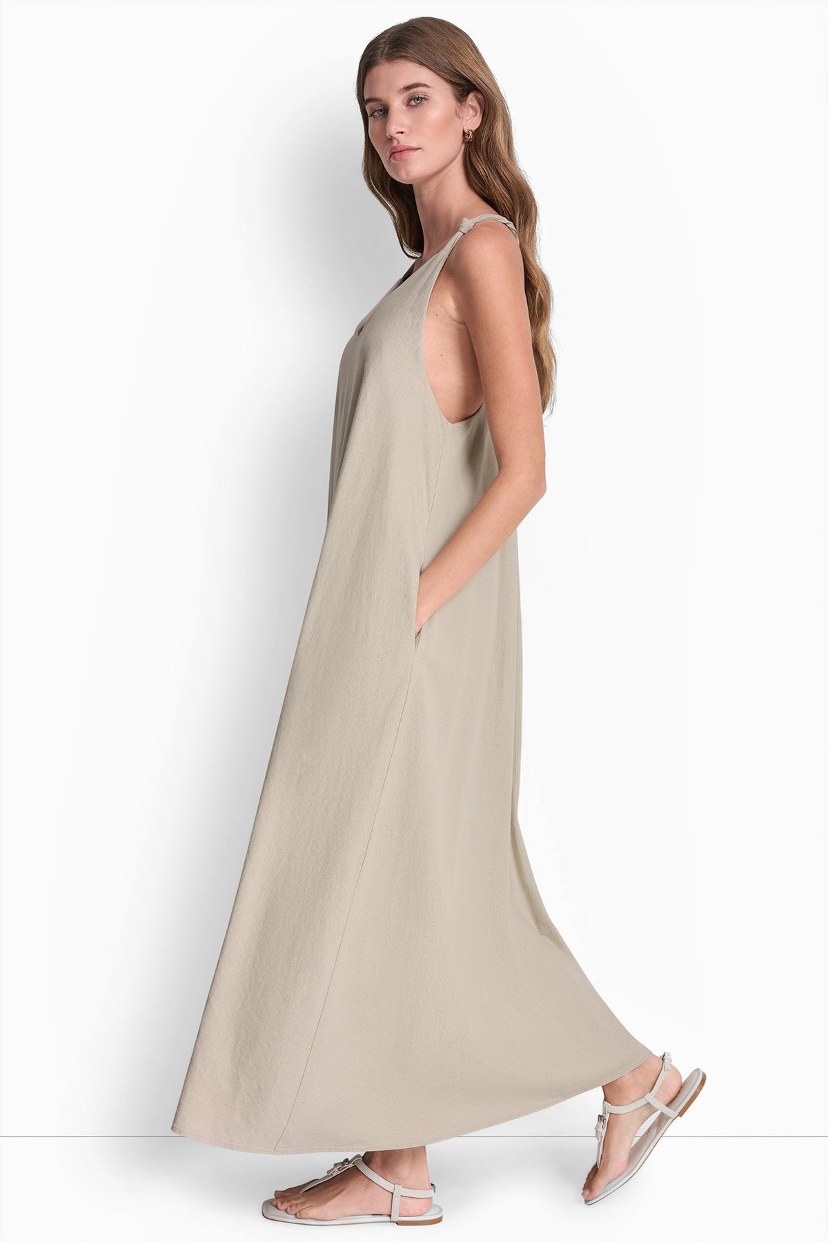 LINEN-BLEND TIE BACK MAXI DRESS