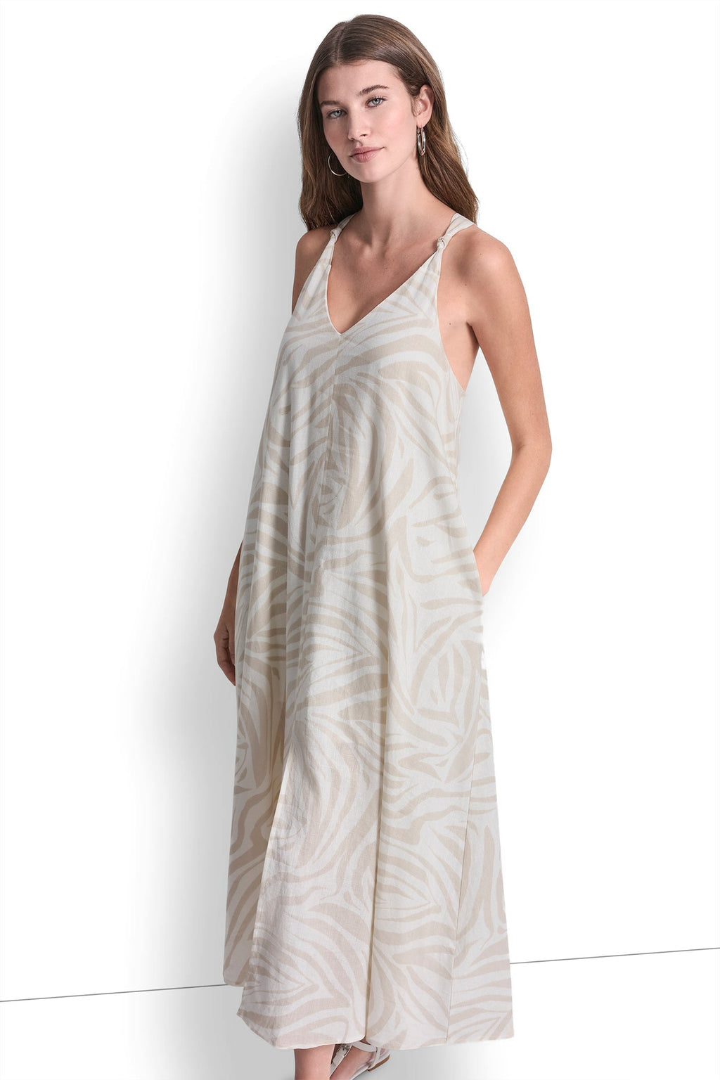 LINEN-BLEND TIE BACK MAXI DRESS
