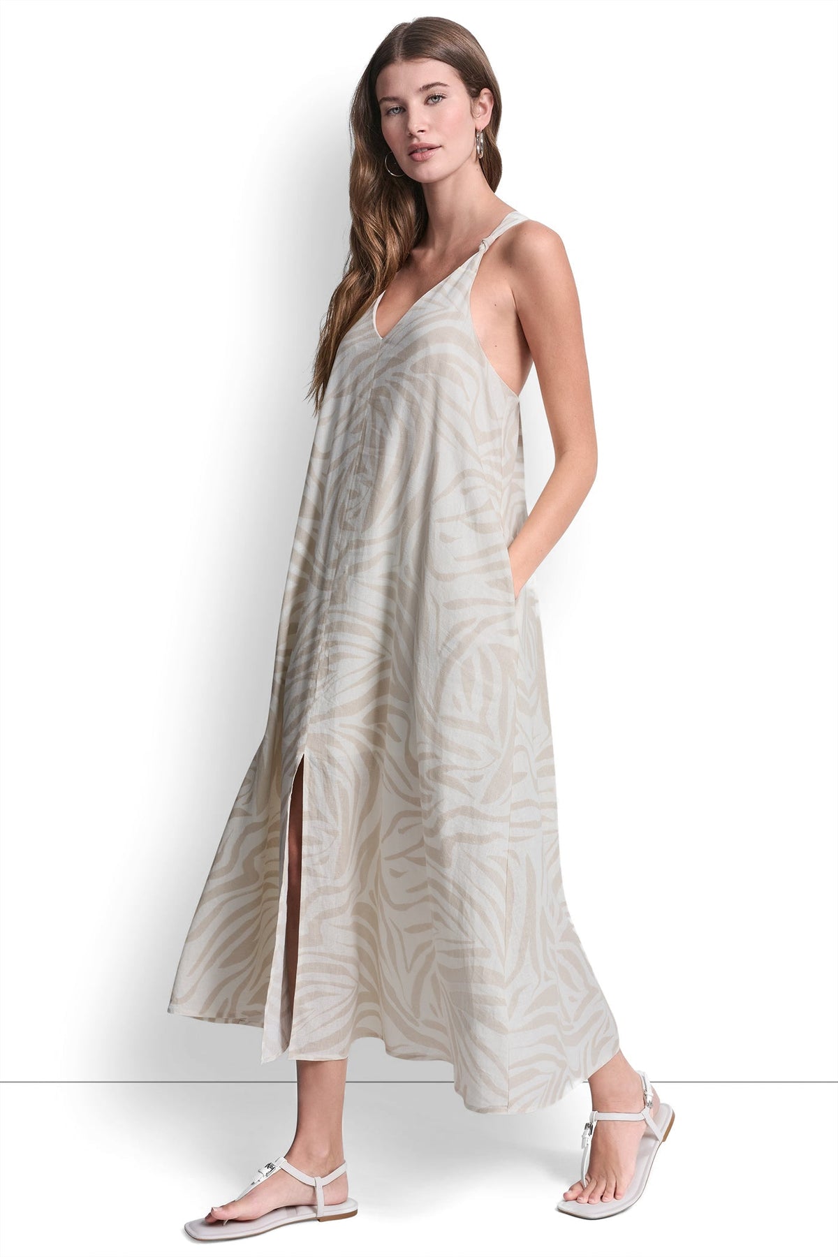 LINEN-BLEND TIE BACK MAXI DRESS