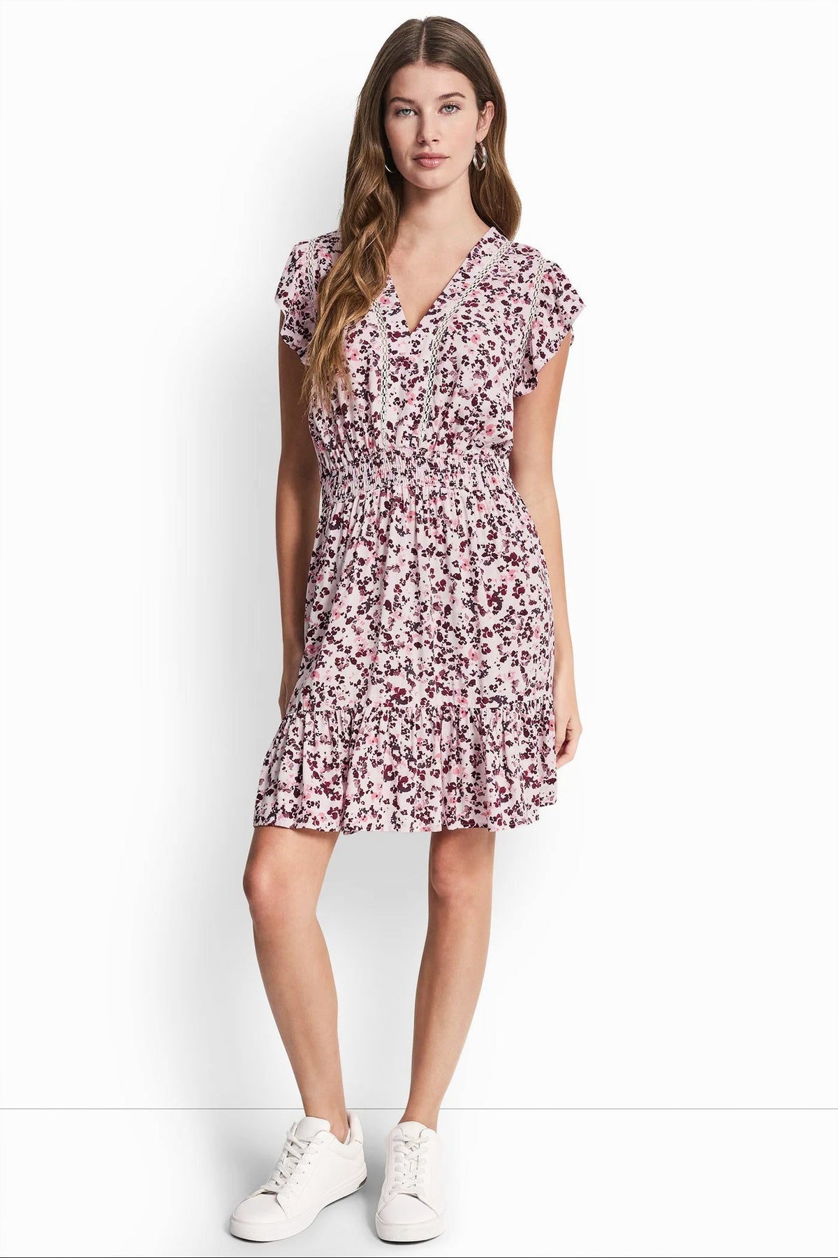 SMOCKED WAIST V-NECK DRESS