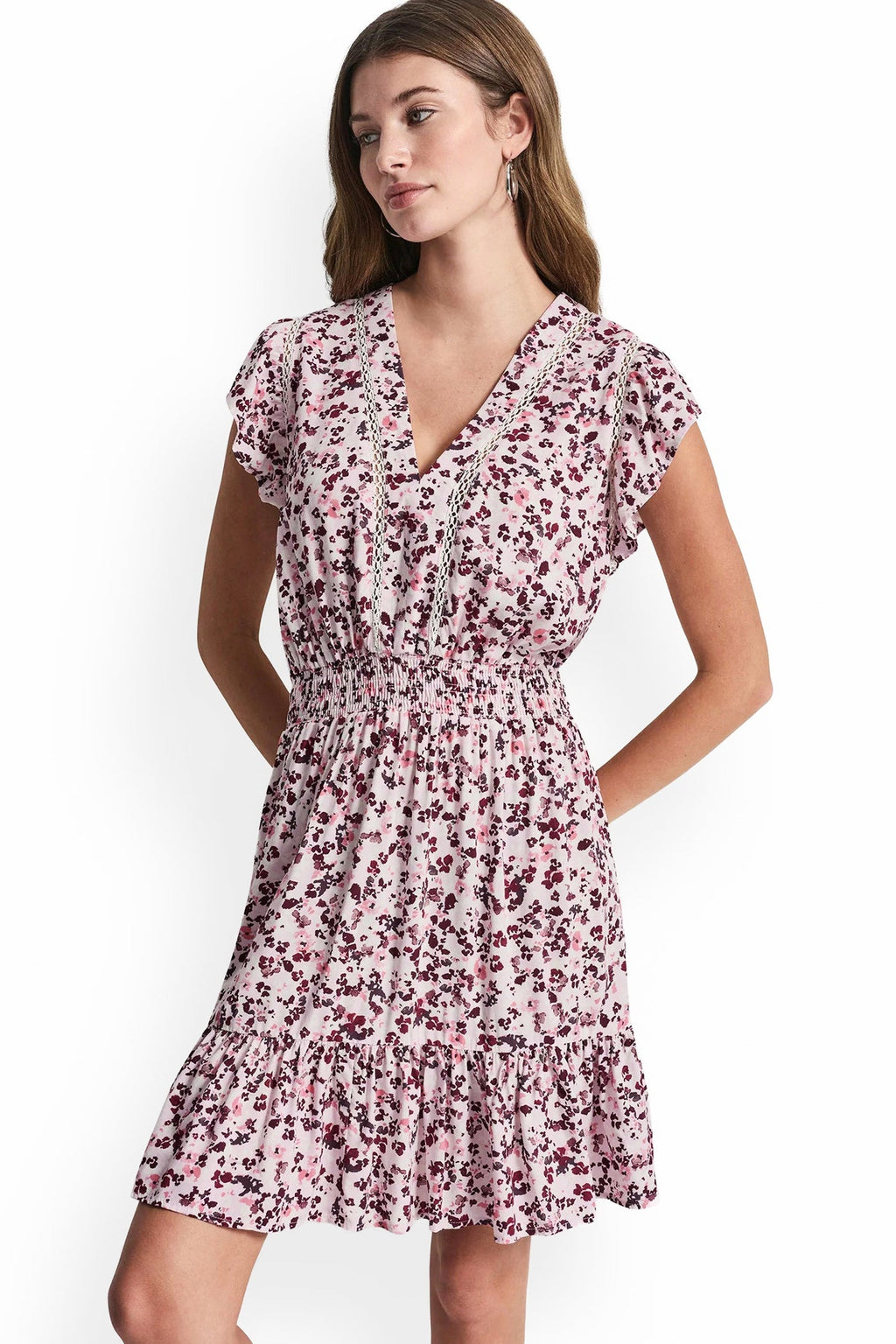 SMOCKED WAIST V-NECK DRESS