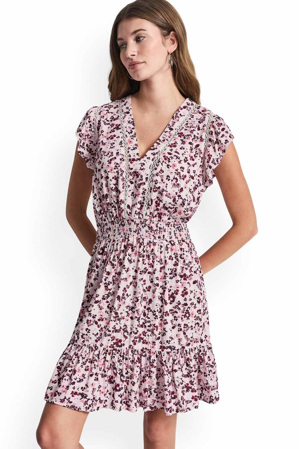 SMOCKED WAIST V-NECK DRESS