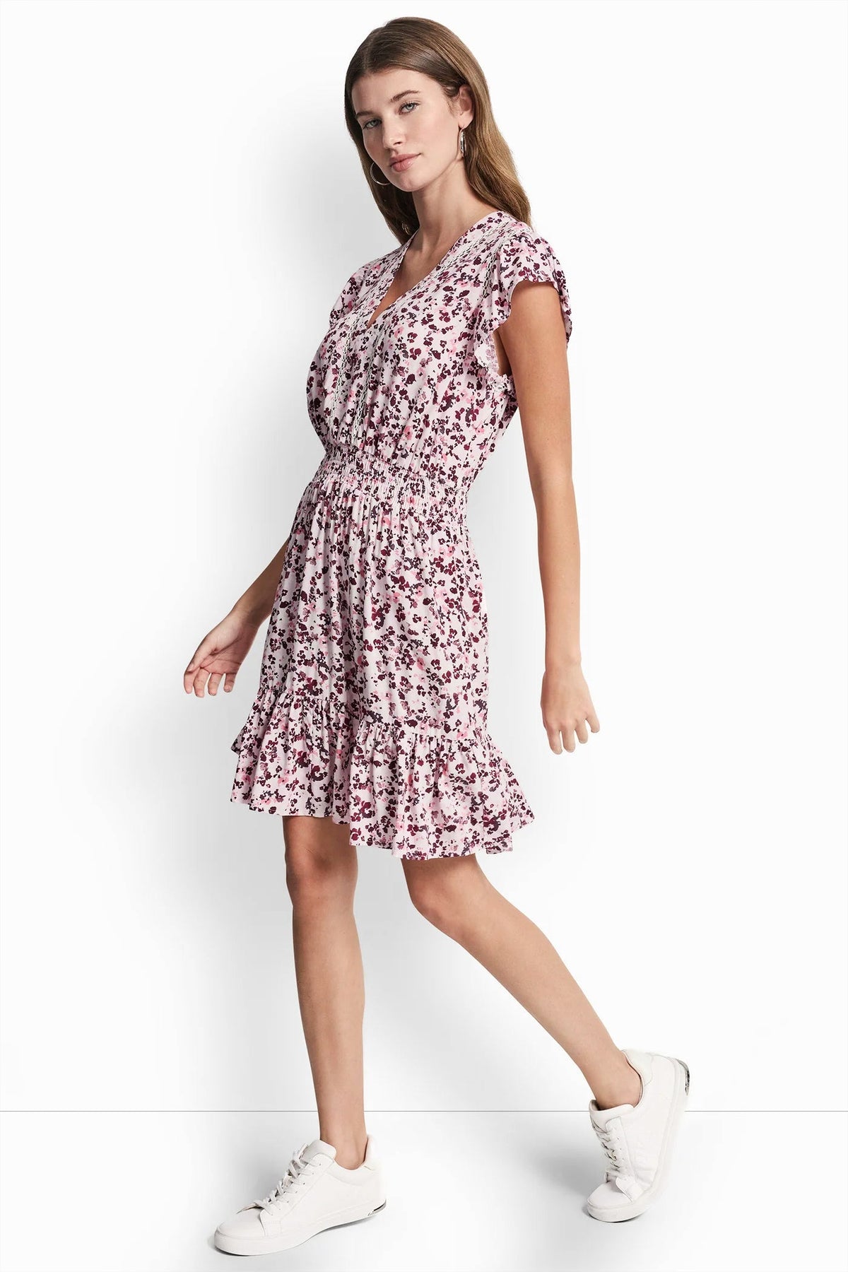 SMOCKED WAIST V-NECK DRESS