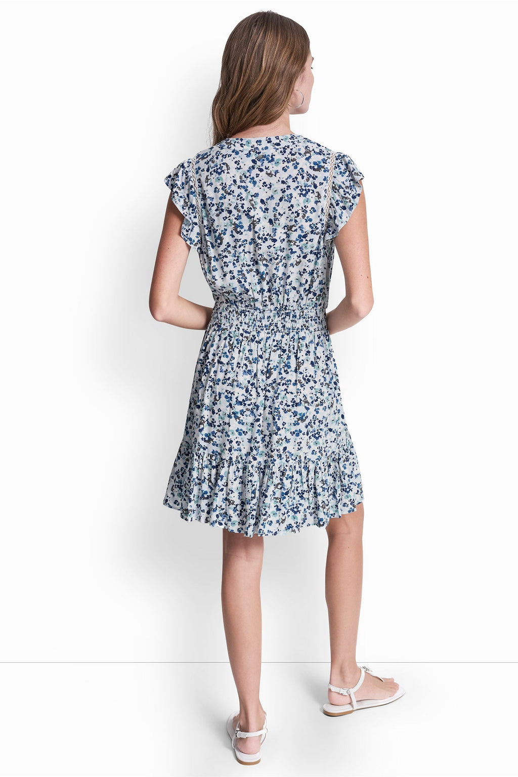 SMOCKED WAIST V-NECK DRESS