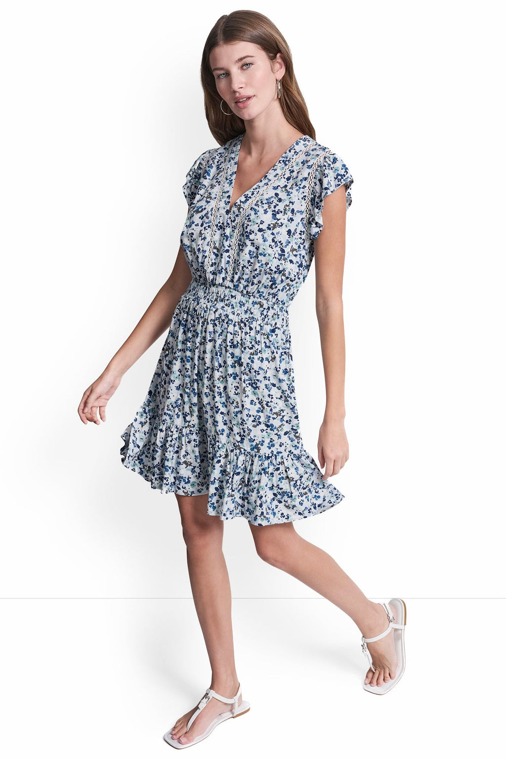 SMOCKED WAIST V-NECK DRESS