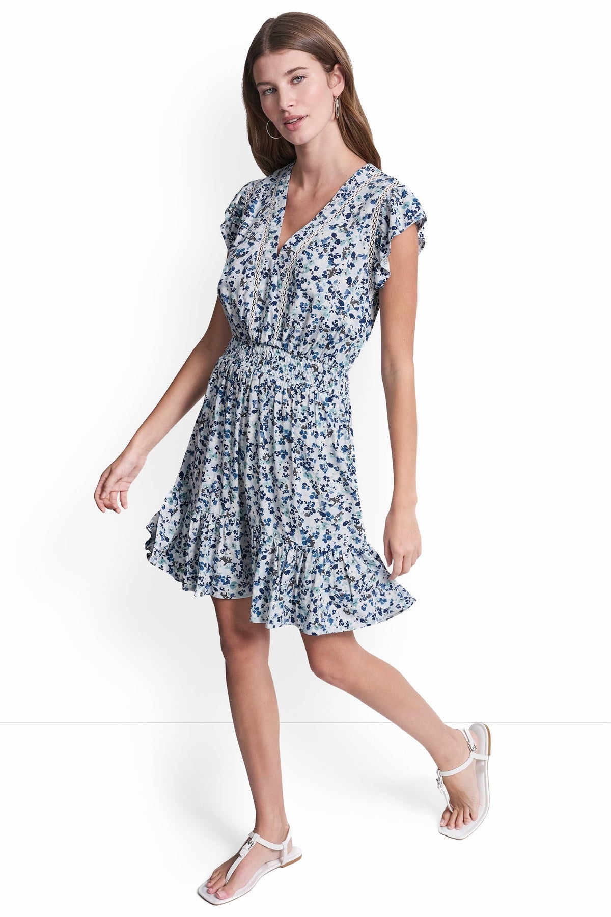SMOCKED WAIST V-NECK DRESS