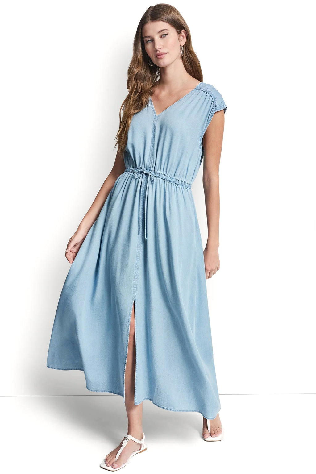 RUCHED V-NECK DRESS WITH TIE WAIST
