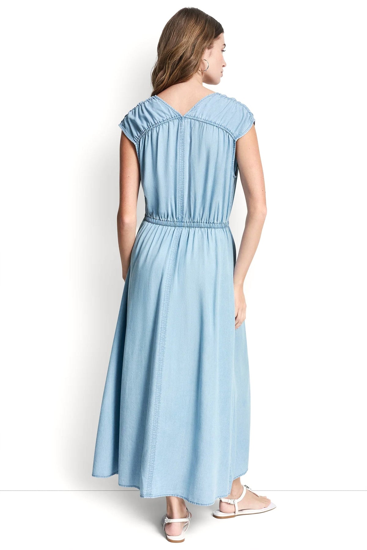 RUCHED V-NECK DRESS WITH TIE WAIST
