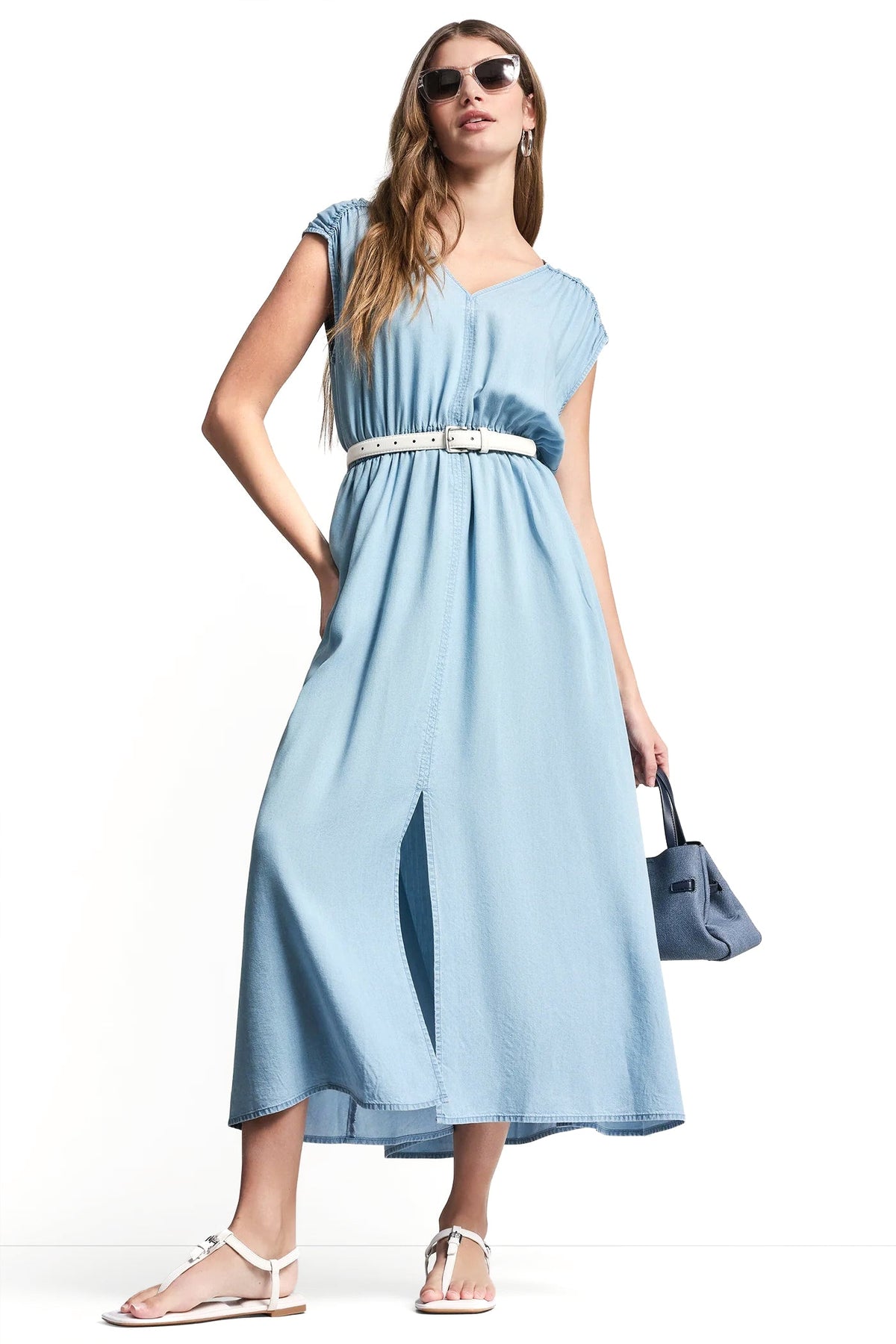 RUCHED V-NECK DRESS WITH TIE WAIST