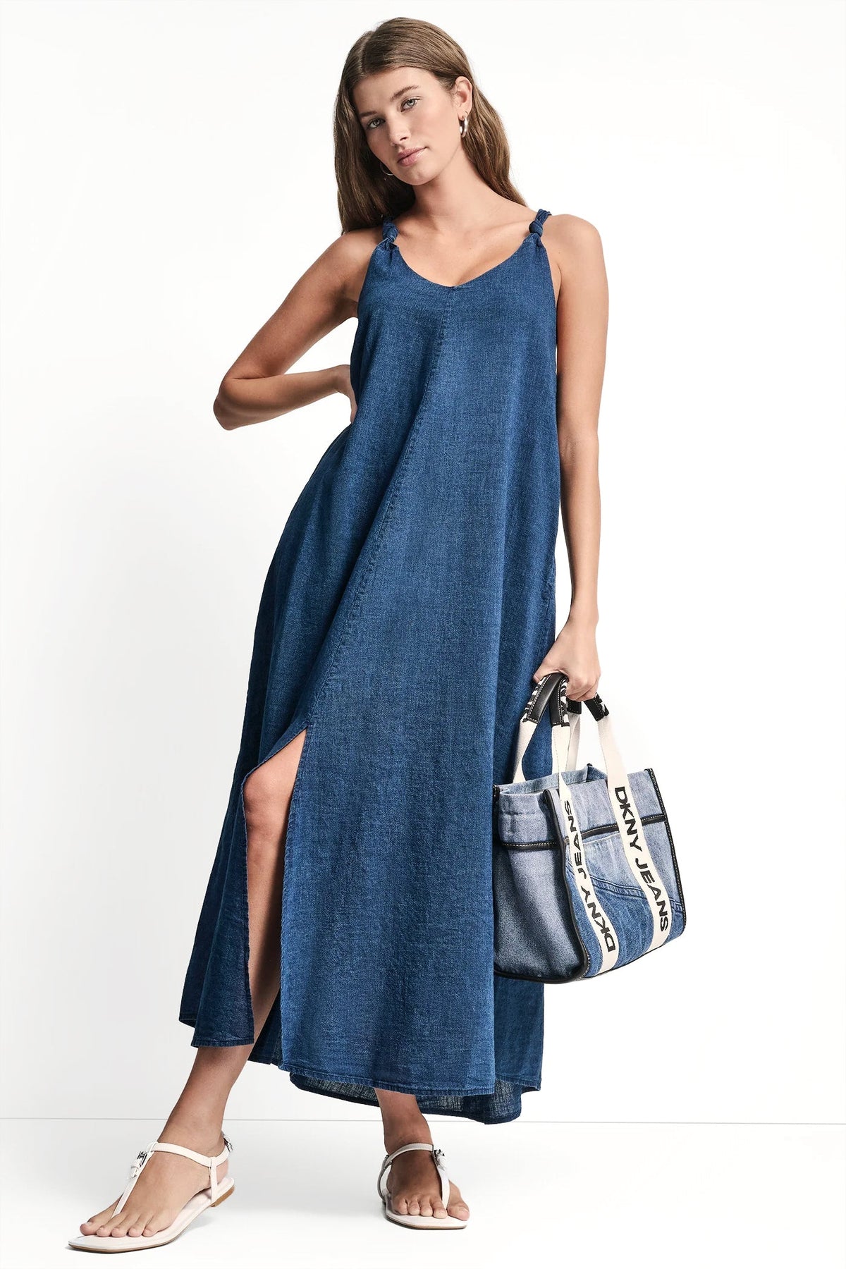 KNOTTED STRAP V-NECK MAXI DRESS