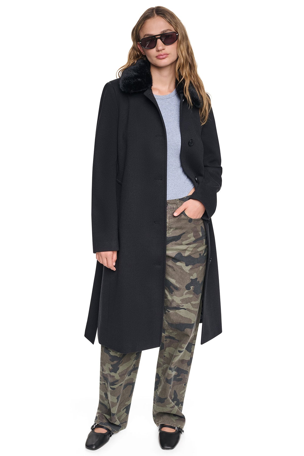 TWILL COAT WITH FUR COLLAR