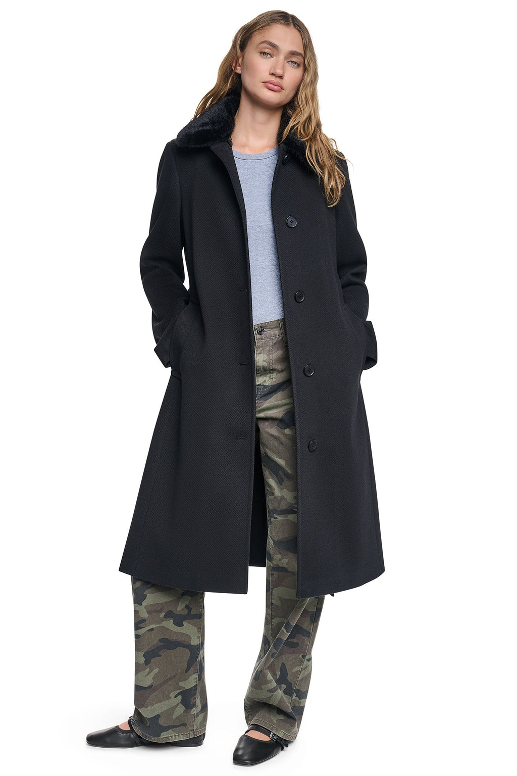 TWILL COAT WITH FUR COLLAR
