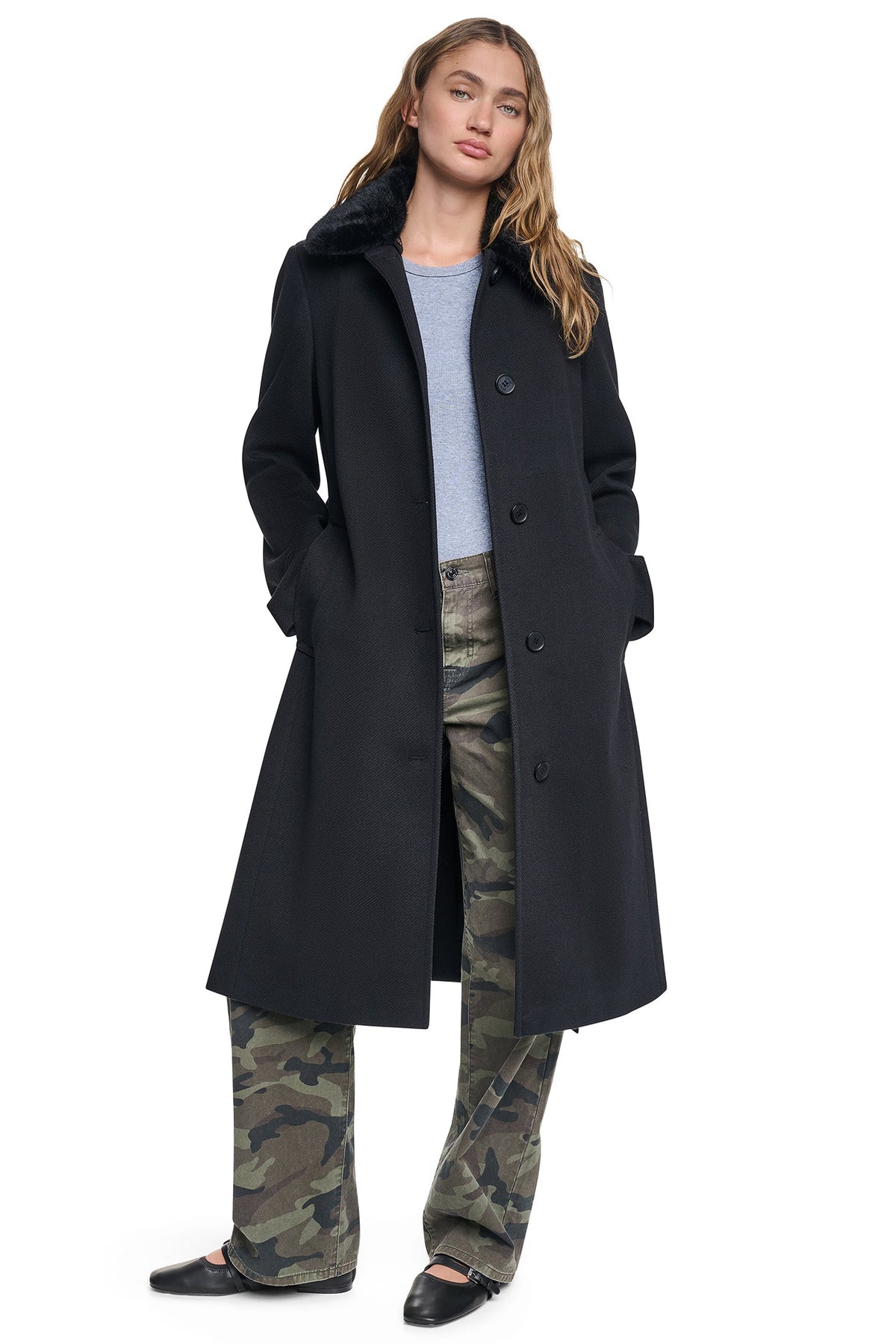 TWILL COAT WITH FUR COLLAR