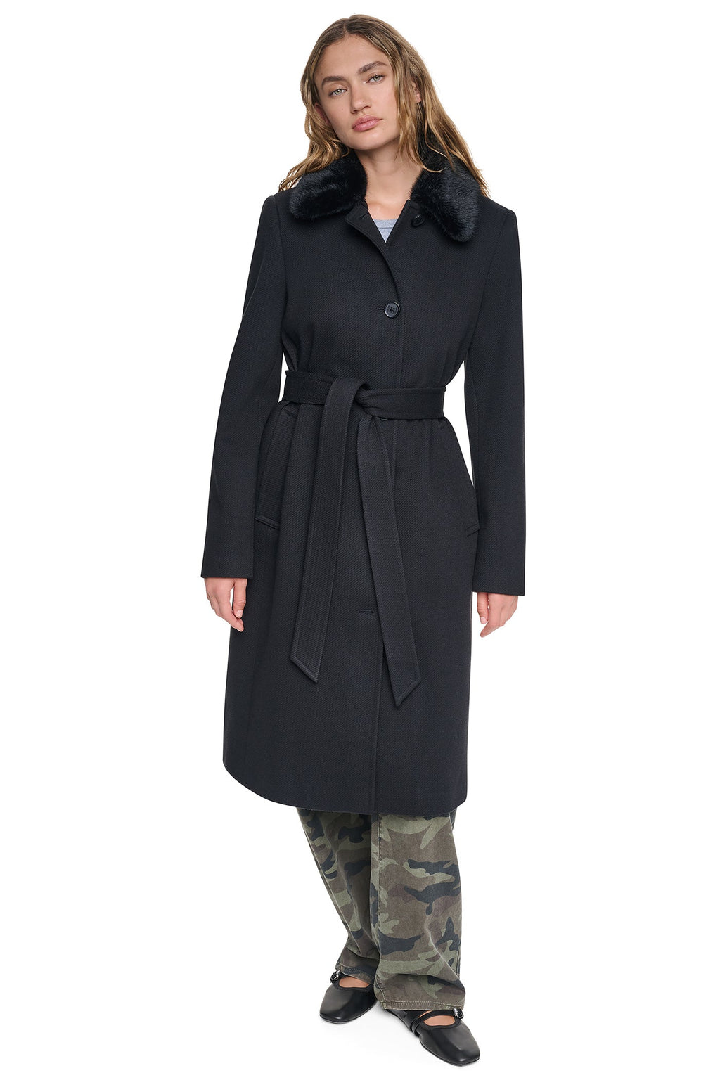 TWILL COAT WITH FUR COLLAR