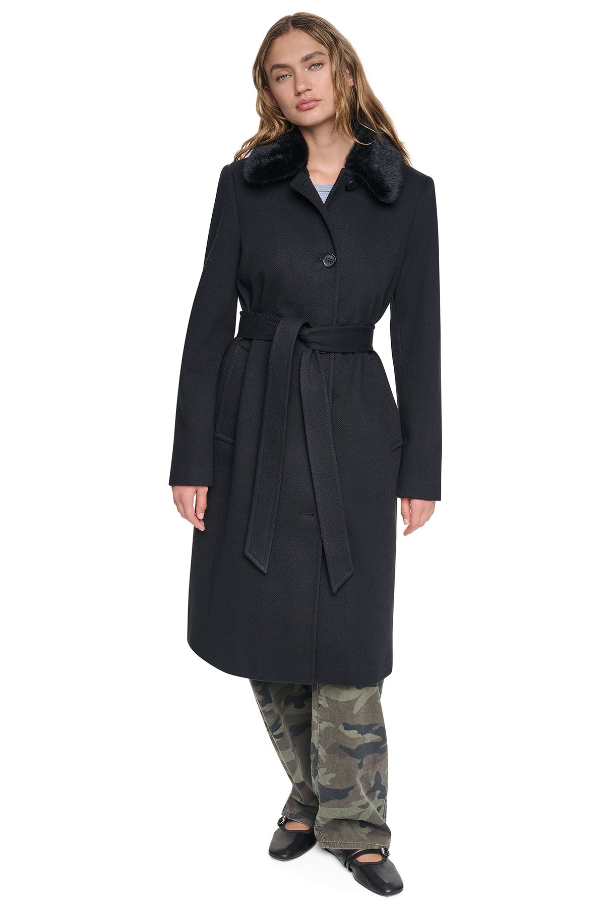 TWILL COAT WITH FUR COLLAR
