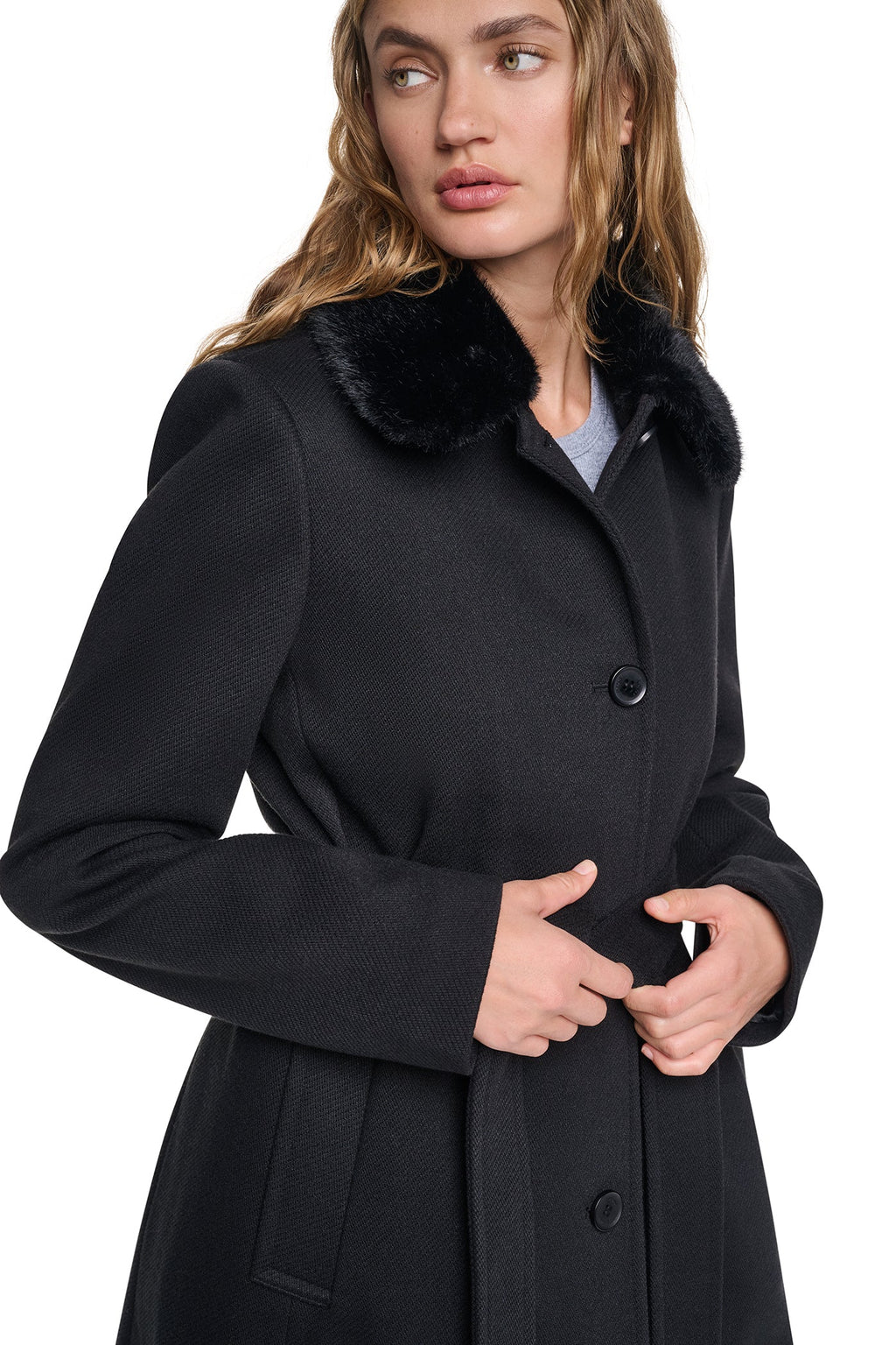 TWILL COAT WITH FUR COLLAR