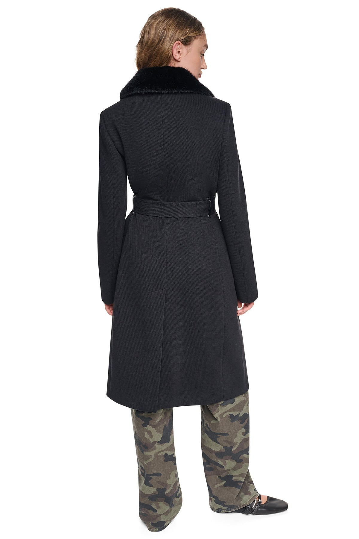 TWILL COAT WITH FUR COLLAR